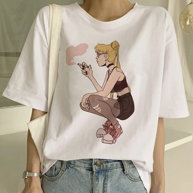 Sailor Moon/летняя новая модная футболка Женская Harajuku короткий рукав забавная футболка Ulzzang футболка с милым котом женские футболки с рисунком