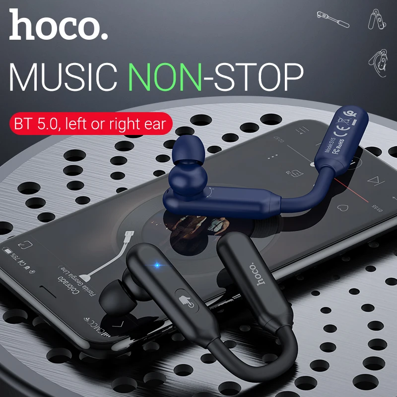 

hoco wireless headset left or right ear earphone bluetooth 5.0 single ear music sports ear hook wireless handsfree headset