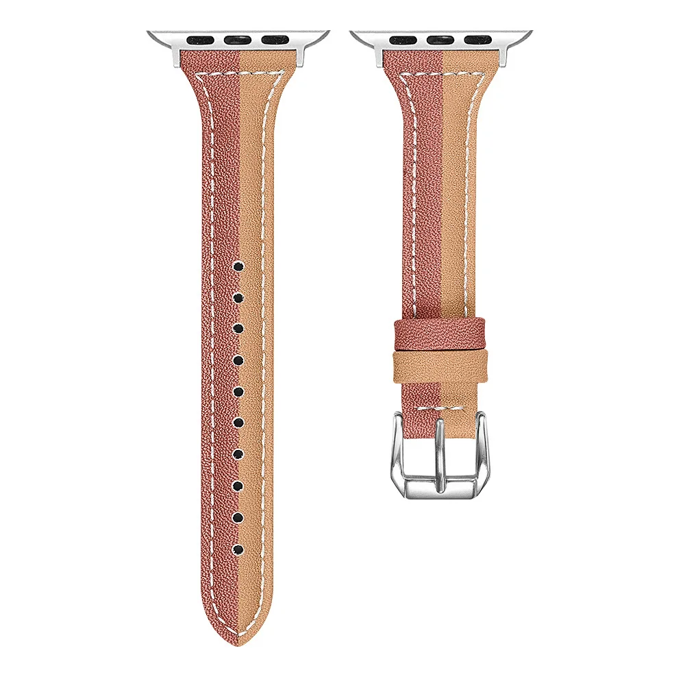 Coffee brown Дизайн Комплект из двух цветной кожаный браслет для наручных часов Apple Watch, версии 5 4 3 2 1 тонкий ремешок для наручных часов iWatch, 40 мм 44 мм, 38 мм, 42 мм, ремень - Цвет ремешка: Coffee brown