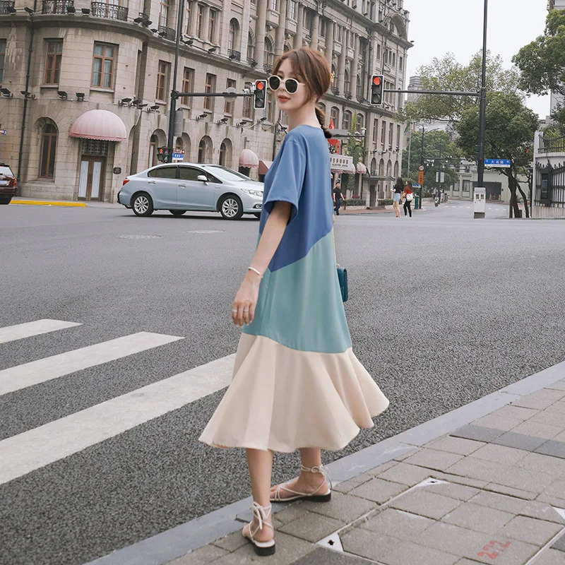 

Photo Shoot Mixed Colors Short-sleeve Dress Women's 2019 Summer New Style France Non-mainstream Retro Fairy Fishtail Skirt A- li