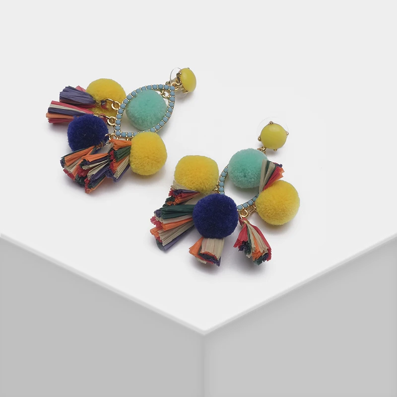 

Amorita boutique Boho colorful tassels plush ball design drop earrings