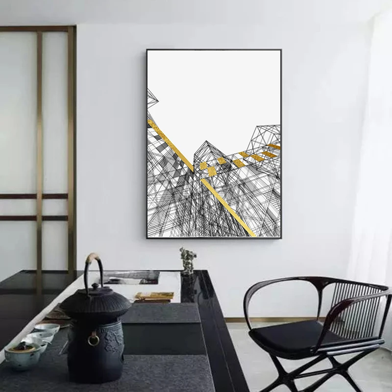 Самоотверженно строительных линий черного и золотого цвета Цвета холст картины
