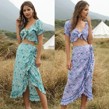 

2020 Spring and Summer New Bohemian Women's Irregular Skirt Navel Top Two-Piece Set two piece set skirt club outfits