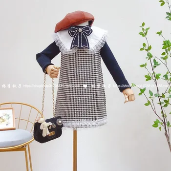 

Girls' Sundress 2020 Autumn New Style Korean Style Houndstooth Bow Lapel Princess Tartan Skirt 1.52