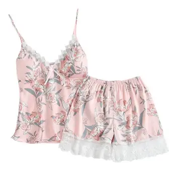 

1set/lot Printing Spaghetti Strap Women Pajama Set V-Neck Sexy With Pad Female Summer print Pajamas