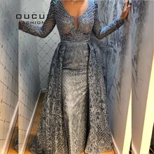 Дубай роскошное длинное вечернее платье Русалка Кружева v-образным вырезом Кристалл Бисероплетение с длинным рукавом Формальное вечернее платье OL103633-1