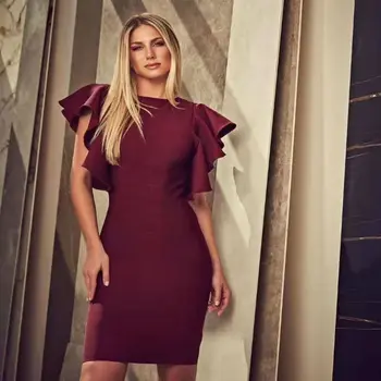 

2020 Fashion O-Neck Wine Red Women Bandage Dress Slim hollow out Ruffled Evening Autumn Dresses Celebrity Bodycon Dress Vestido
