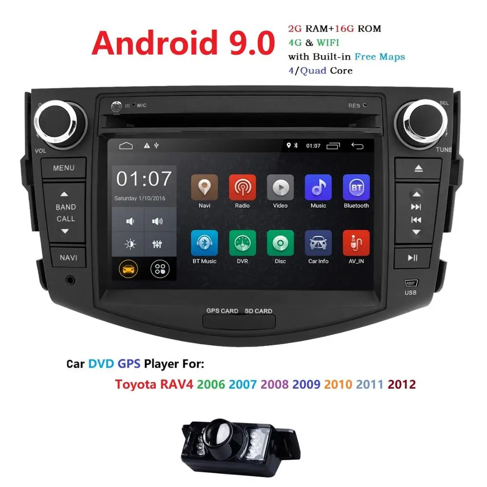 Quad-Core Android 9.0 Car DVD Player For Toyota RAV4 2006-2012 GPS Navigation Stereo Radio Bluetooth WIFI OBD2+Free Camera
