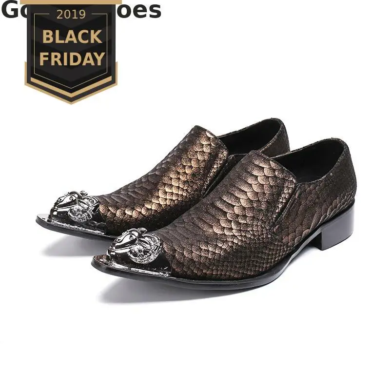 Snakeskin Printed Genuine Leather Men Shoes Iron-tipped Set Foot Casual Business Leather Shoes Low Heel Single Shoes Men