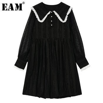 

[EAM] Women Black Pleated Lace Split Joint Temperament Dress New Long Sleeve Loose Fit Fashion Tide Spring Autumn 2020 1T022