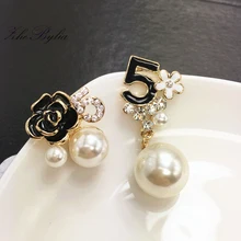 Корея Эмаль серьги с камелиями роскошный жемчуг цветок кристалл цифры буквы 5 маленькие серьги-гвоздики брендовые ювелирные изделия Z1002