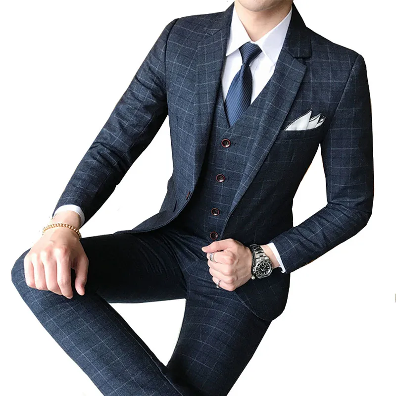

Mens slim plaid suit three-piece suit (coat+vest+pants) British style high-end custom groom wedding dress fashion banquet blazer