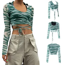 

Women Crop Tops, Sexy Long Sleeve Turn-down Collar Lacing Ladies Tops for Club Party