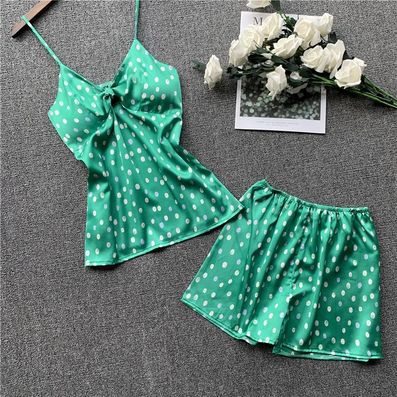 

2020 Spring Summer Two Pieces Set Polka Dot Sleepwear Women Sexy Nightwear Sexy Lingerie Pyjama Set Silk Pajamas Satin Pijama