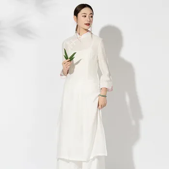 

Woman Vintage Oriental Chinese Dress Thin Linen Cotton Outwear Asian Vietnem Ao Dai Solid Full Sleeve Mori Girl Clothing