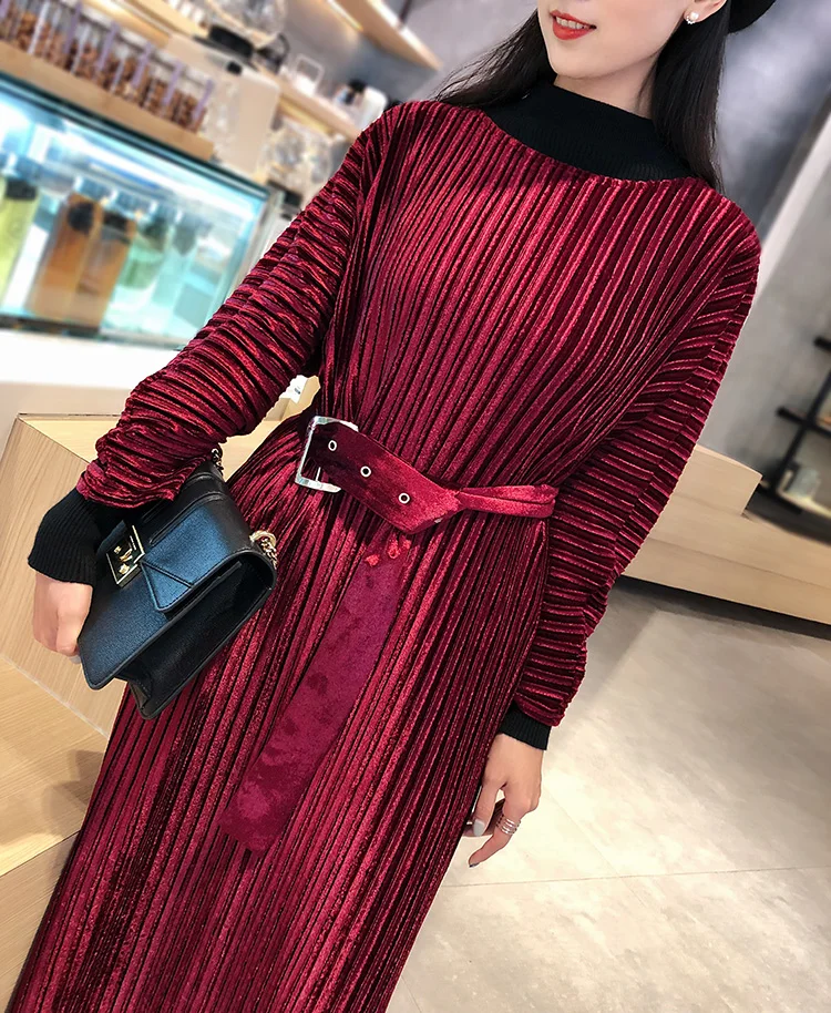Miyake Плиссированное бархатное платье, женское Плиссированное модное тонкое платье с длинным рукавом, длинное платье, vestido, женская одежда, элегантное платье
