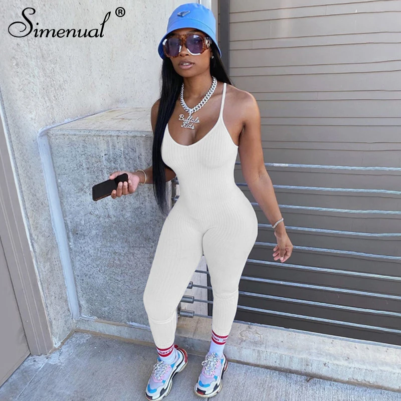 

Simenual Ribbed Knit White Jumpsuit for Women Fitness Workout Active Wear Overalls 2020 Summer Solid One Piece Bodycon Jumpsuits