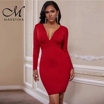 

Maketina Vestidos 2020 Summer New Sexy Red Deep V Neck Bandage Dress Women Long Sleeve Mini Bodycon Bandage Dress Party Dresses