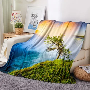

Forest View Flannel Plush Throw Blanket on Sofa Bed Mountain Waterfall Print Modern Decor Gift Blanket for Travel Camping Picnic