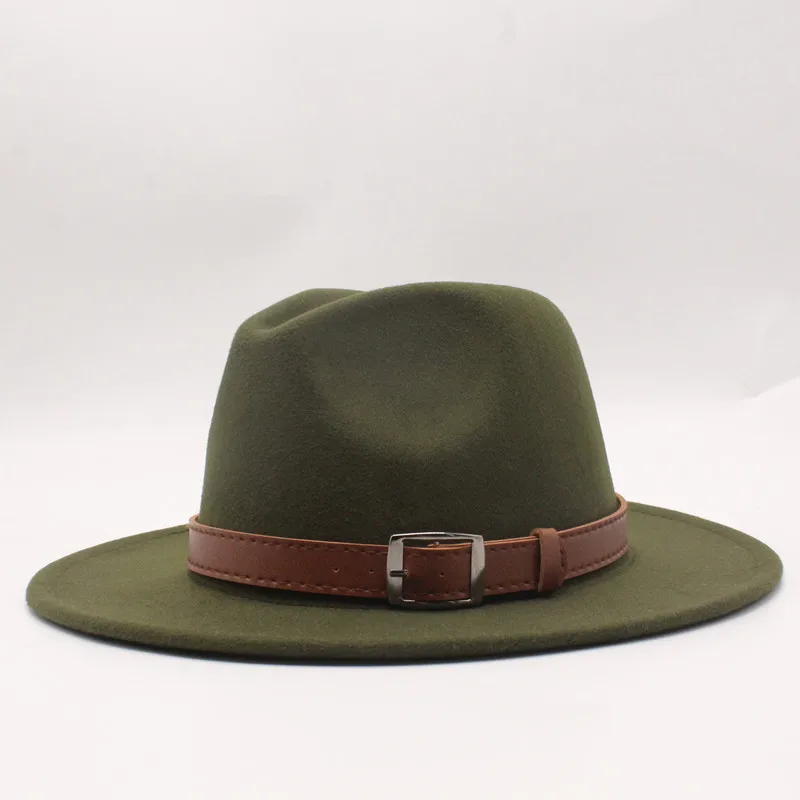 Новинка Зима Осень шерсть для женщин мужчин ремень дамы Fedoras Топ джаз шляпа Европейский Американский круглые шапки котелок шапки - Цвет: ArmyGreen