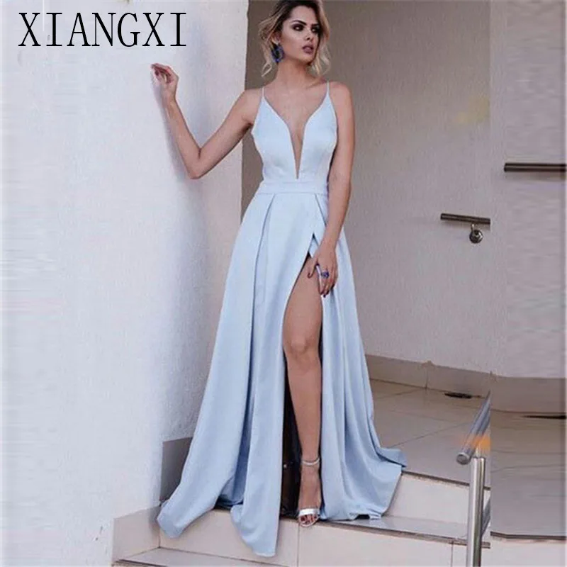 

2019 Sky Blue Prom dresses Long Spaghetti Straps V-Neck Front slit dress for graduation Chiffon Formal Evening Party Dress
