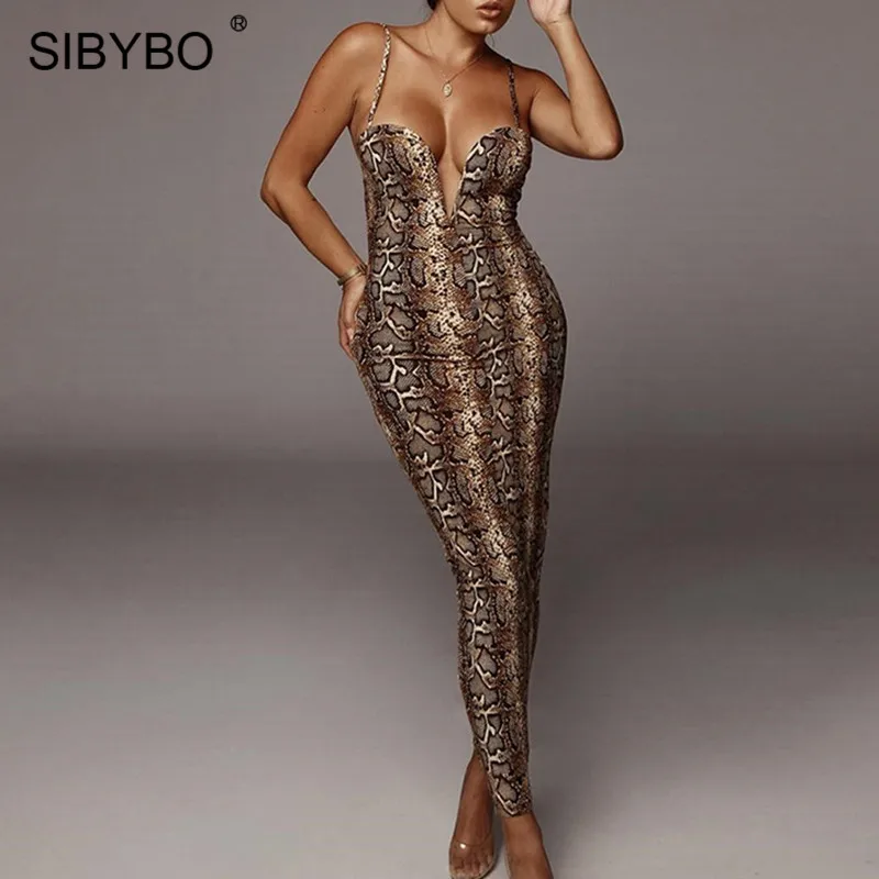SIBYBO, змеиная кожа, принт, спагетти ремень, сексуальное длинное платье, без рукавов, v-образный вырез, летнее женское платье, открытая спина, Клубные, вечерние, длинное