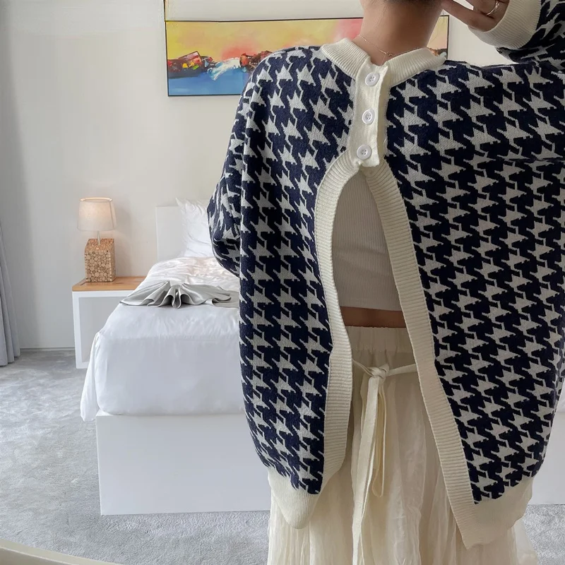 New 2021 Women's Autumn Winter Sweaters Warm Knitted Checkered Vintage Cutout Fashionable Oversized Elegant Lady Tops 1543# | Женская