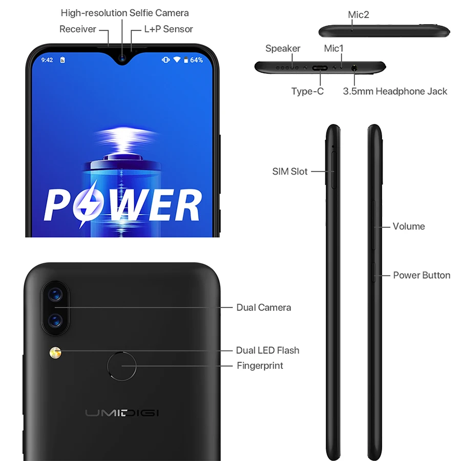UMIDIGI Power Android 9.0 5150mAh Big Battery 18W 6.3' FHD+ Waterdrop Screen 4GB+64GB Helio P35 Global Version Smartphone 16MP
