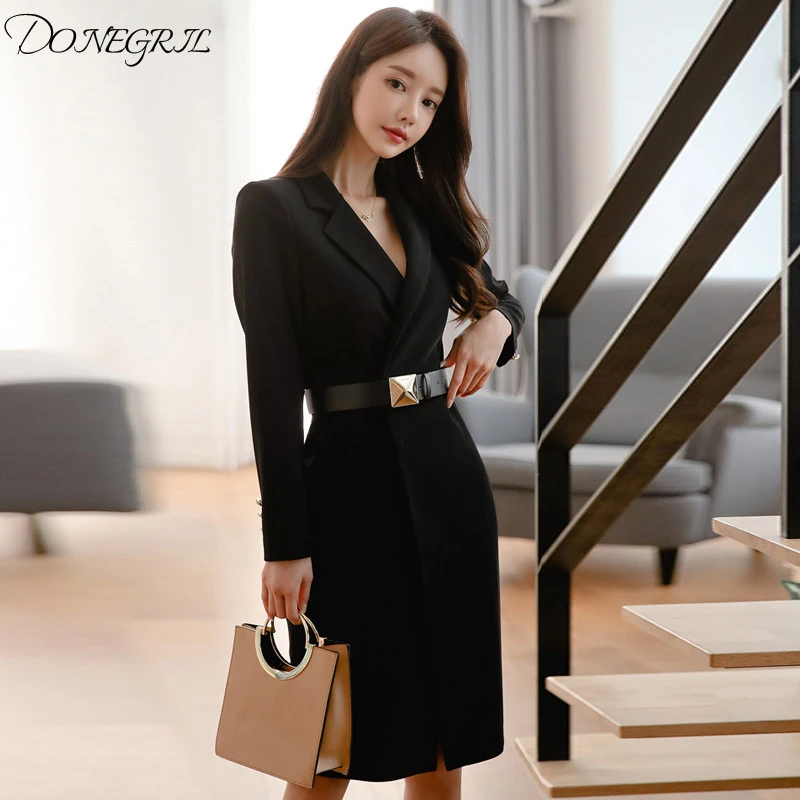 

High Quality Women Office Lady Sheath Dress 2019 Autumn Black Long sleeve Work Bodycon Notched Collar Pencil OL Dress with Belt