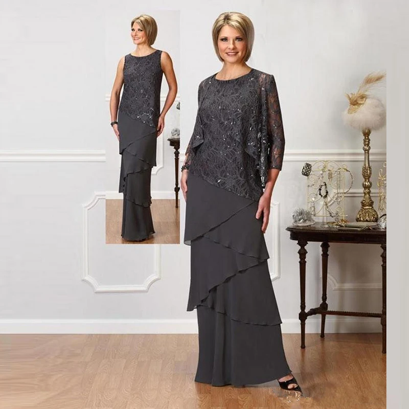 

New Arrival Elegant Gray Chiffon Lace O Neck Mother of the Bride Dresses With Removable Jacket Wedding Party Gowns Tier Skirt