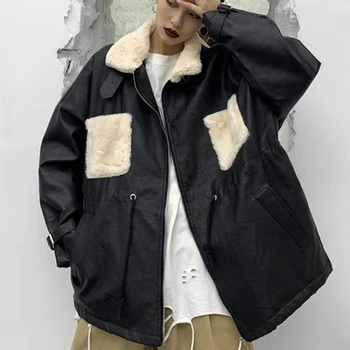 

2019 Warm women's winter parka Hip Pop Streetwear female fur collar coat wool patchwork thick oversize padded coat bomber jacket