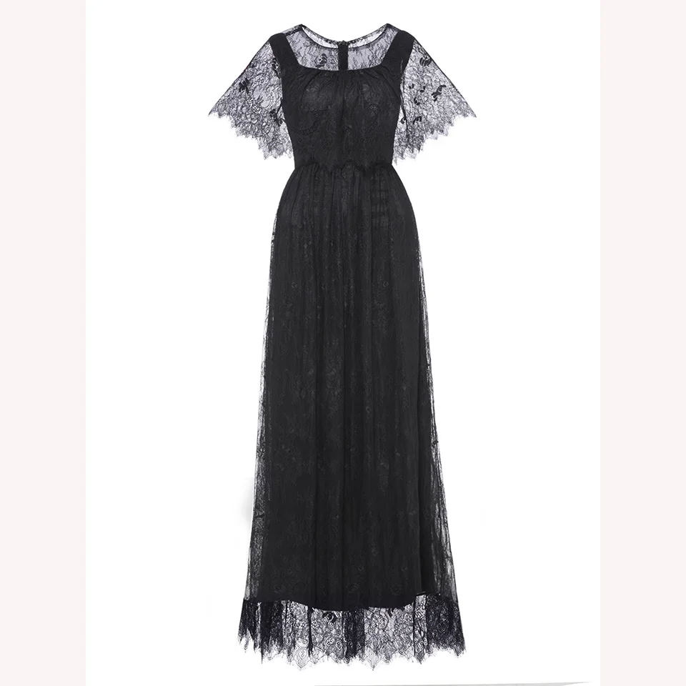 Dressv Черное длинное недорогое вечернее платье круглый вырез с короткими рукавами и кружевами свадебное вечернее платье ТРАПЕЦИЕВИДНОЕ вечернее платье es - Цвет: Black