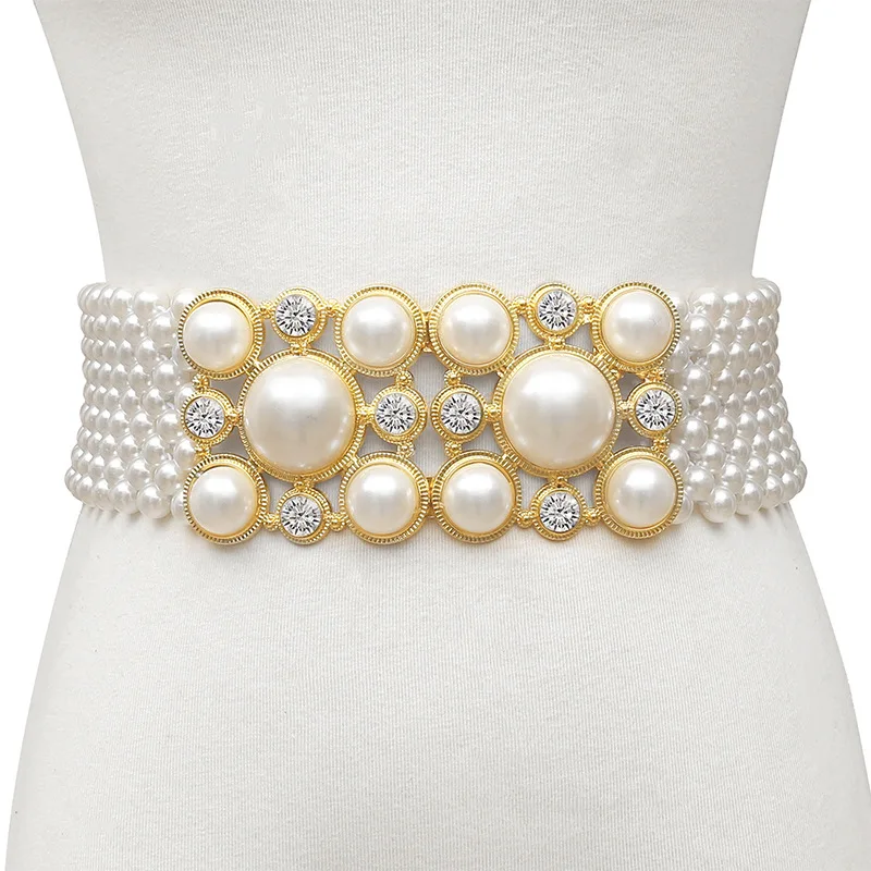 

Women's fashion sweet temperament string pearl belt elastic wide diamond waist seal retro skirt decorative belt Women Casual