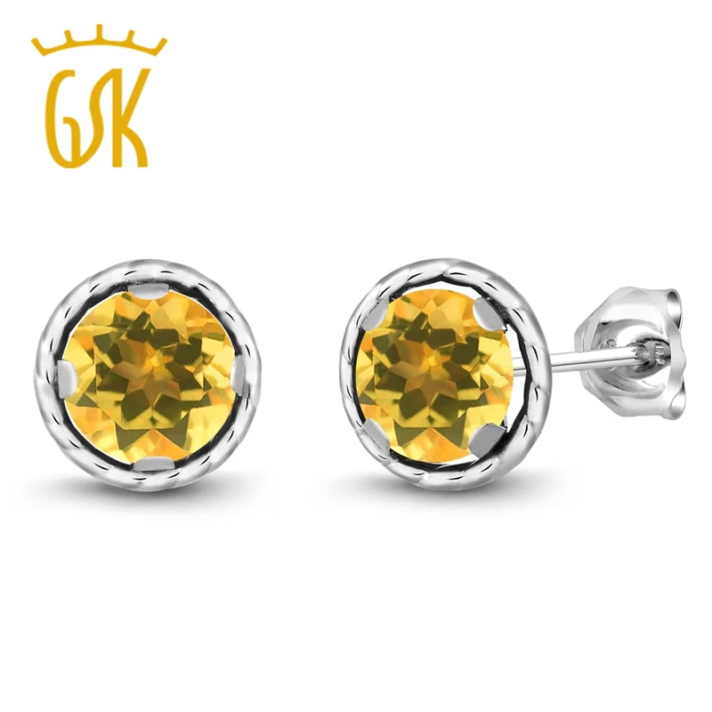 GemStoneKing 1 40 Ct круглые 6 мм натуральные желтые цитрин 925 пробы серебряные серьги