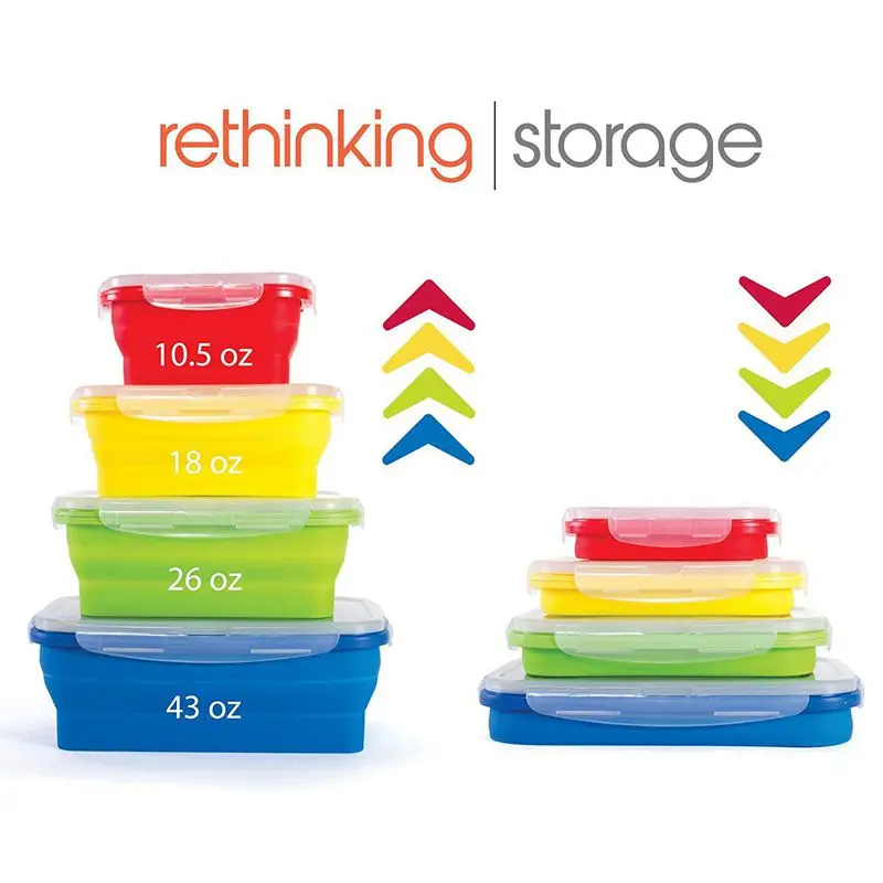 

Thin Bins Collapsible Containers-Set of 4 Silicone Food Storage Containers - BPA Free, Microwave, Dishwasher and Freezer Safe