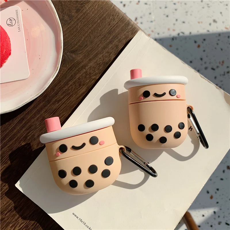 

For AirPods 2 Case Cartoon Cute Soft Milk Bubble Tea Drink Bottle Earphone Protect Cover For Airpods 2 1 with Finger Ring Strap