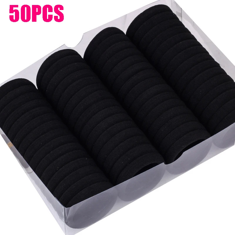 50pcs Black Hair Bands for Women Girls Step Size Hair Elastic Rubber Bands Basic Hair Ties Rope Ponytail Holder Hairbands Thick Hairclip