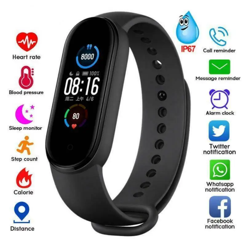 M5 Fitness Pedometer Smart Walk Step Counter Heart Rate Blood Pressure Monitor Bracelet Waterproof Watch For XIAOMI HUAWEI | Электроника