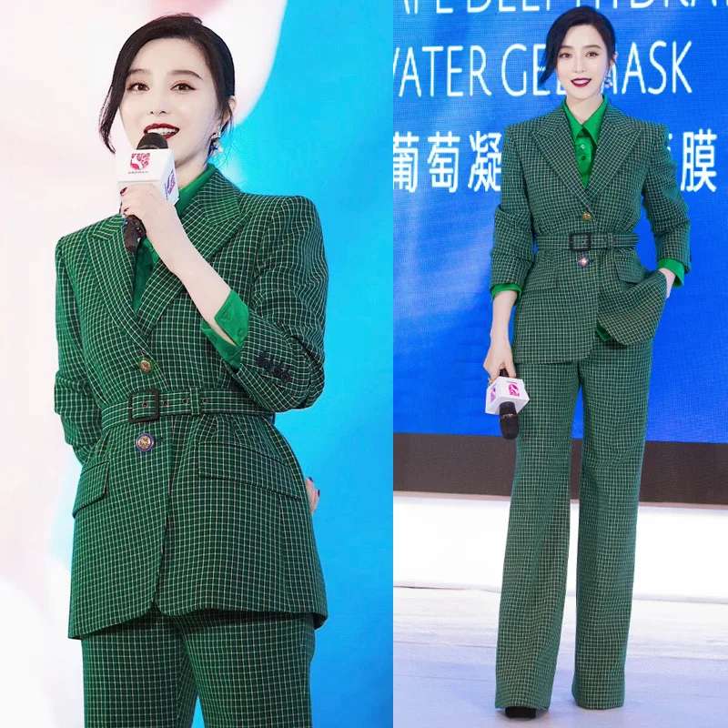 

Spring And Autumn Fan Bingbing Celebrity Style British-Style Green Plaid Slim Fit Commuting Career Ol Wind Suit WOMEN'S Suit Thr