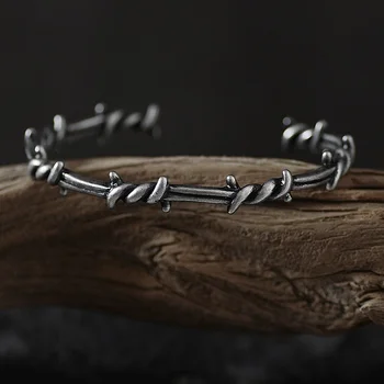 남자 팔찌 오픈 커프 트위스트 가시 와이어 Pulsera 티타늄 스틸 기하학 팔찌, 오픈 커프 가시 보석 바이킹 팔찌