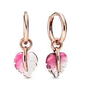 

Authentic 925 Sterling Silver Earring Rose Pink Murano Glass Leaf Hoop Earrings For Women Wedding Party Gift Fashion Jewelry