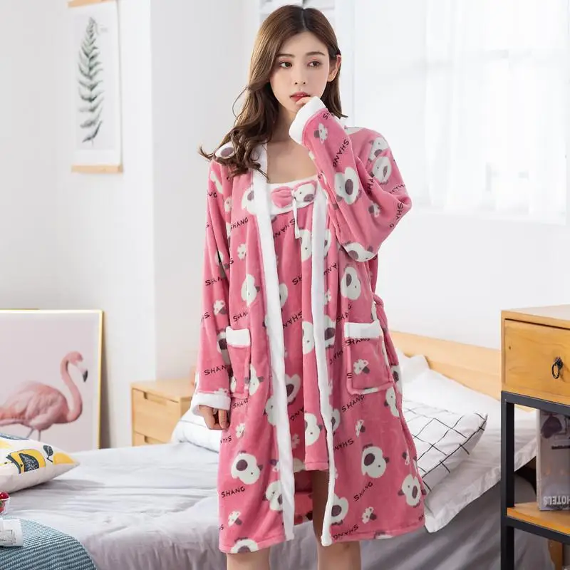 Комплект из 2 предметов, свободный комплект для девочек Для женщин халат кимоно платье фланелевая одежда для сна мягкая из кораллового флиса, одежда для сна, домашняя одежда Зимний теплый толстый ночная рубашка - Цвет: Style G