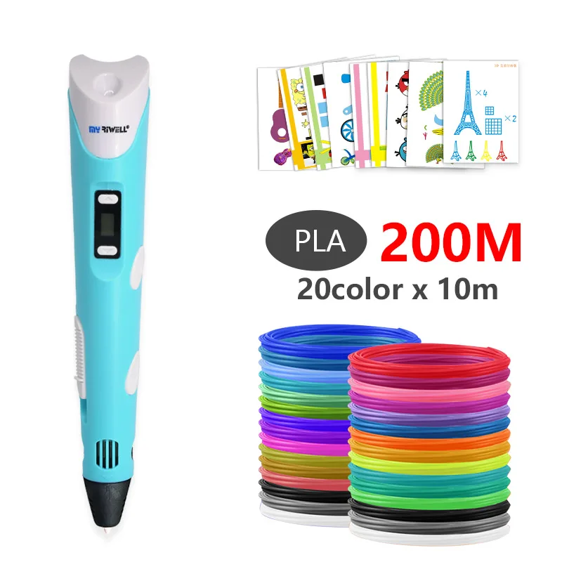 Myriwell abs 3d pen 3d pens 3d ручка 3д ручка 3d для объёмного рисования LCD дисплей,1.75мм pla пластик нить 3d печать ручка 3д ручку 3d ручка Сделай сам подарок детских подарков - Цвет: Blue with PLA 200m