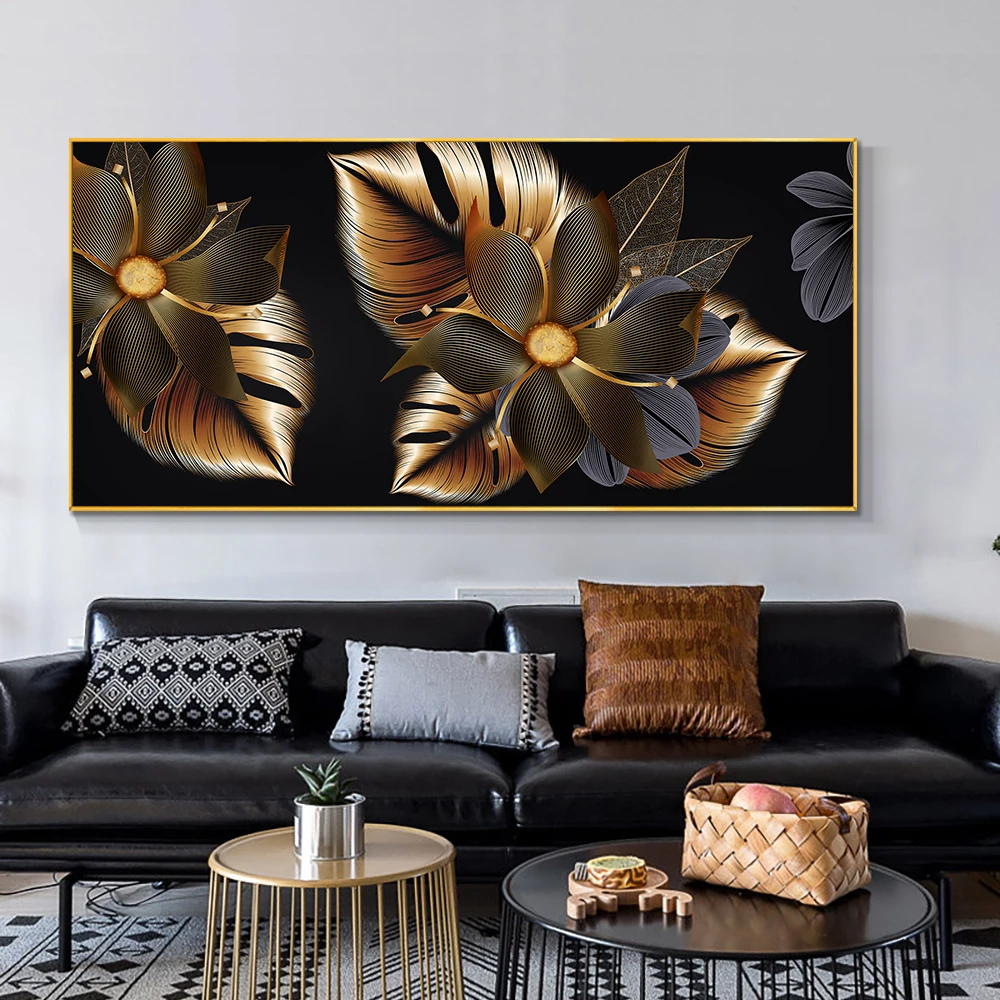 

Abstract Grey Black Gold Leaves Canvas Painting Modern Nordic Plant Posters And Prints Wall Art Picture For Home Decoration