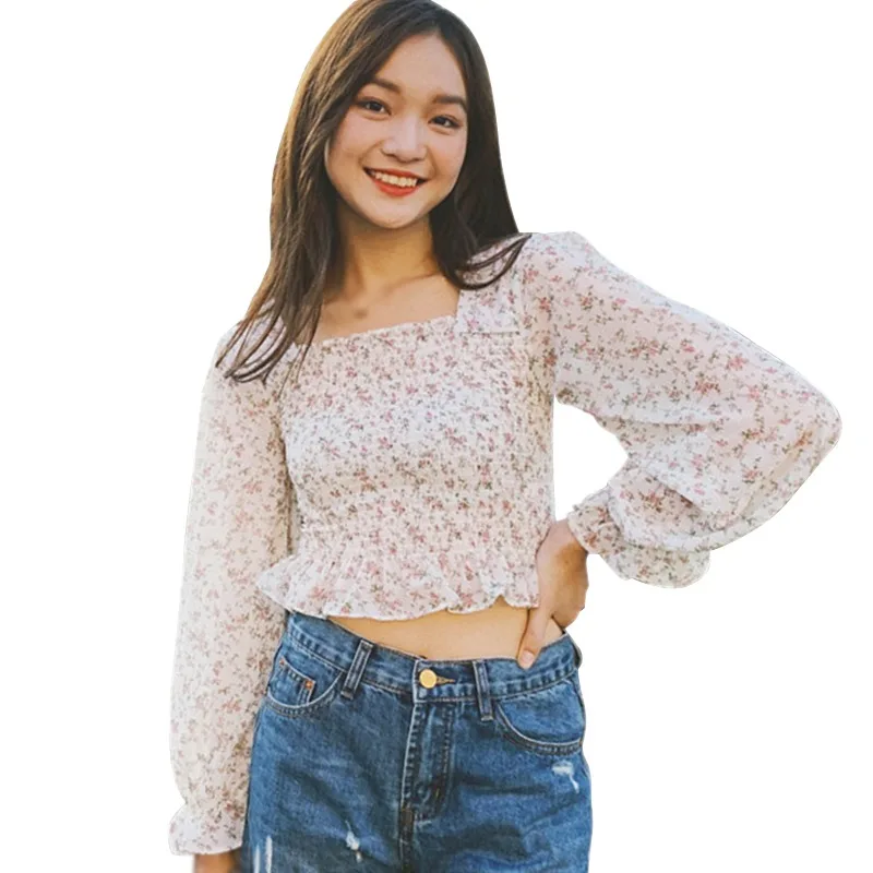 

Women Blouses Bobora Korean Camisa Square Neck Floral Top Sweet Slimming Long-Sleeved Chiffon Shirt Blue Vetements Femmes