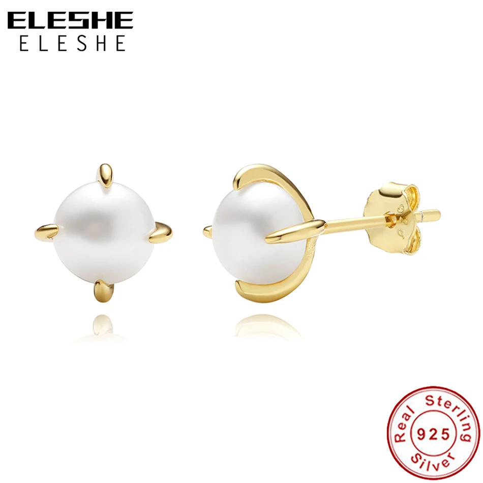 ELESHE New 925 Sterling Silver Earring 18K Gold Plated Freshwater Pearl Stud Earring for Women Classic Jewelry Party Gift