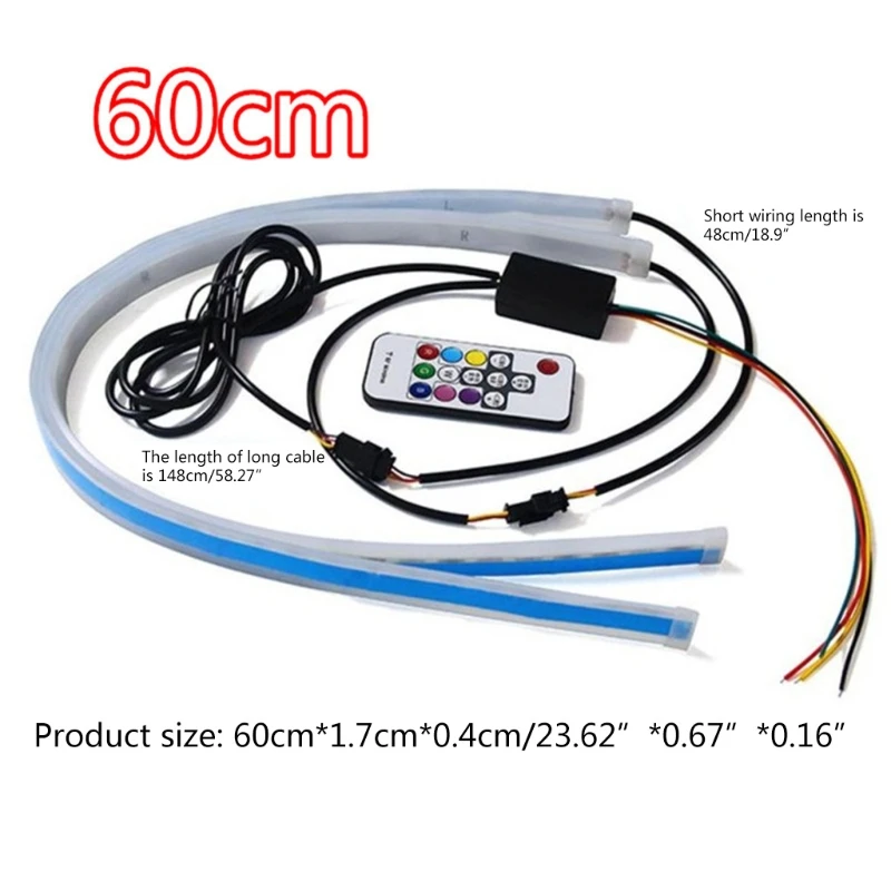 

2Pcs Car Sequential Flowing RGB Daytime Running Light DRL Remote LED Light Strip H4GC