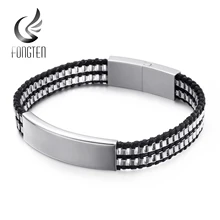 Fongten мужские очаровательные Плетеный Браслет-цепочка из нержавеющей стали серебряные черные винтажные кожаные браслеты, бижутерия