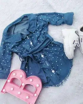 

Pudcoco Baby Girl Clothes Long Sleeve Denim Pearl Dresses 2020 New Spring Summer Bowknot Belt Dress