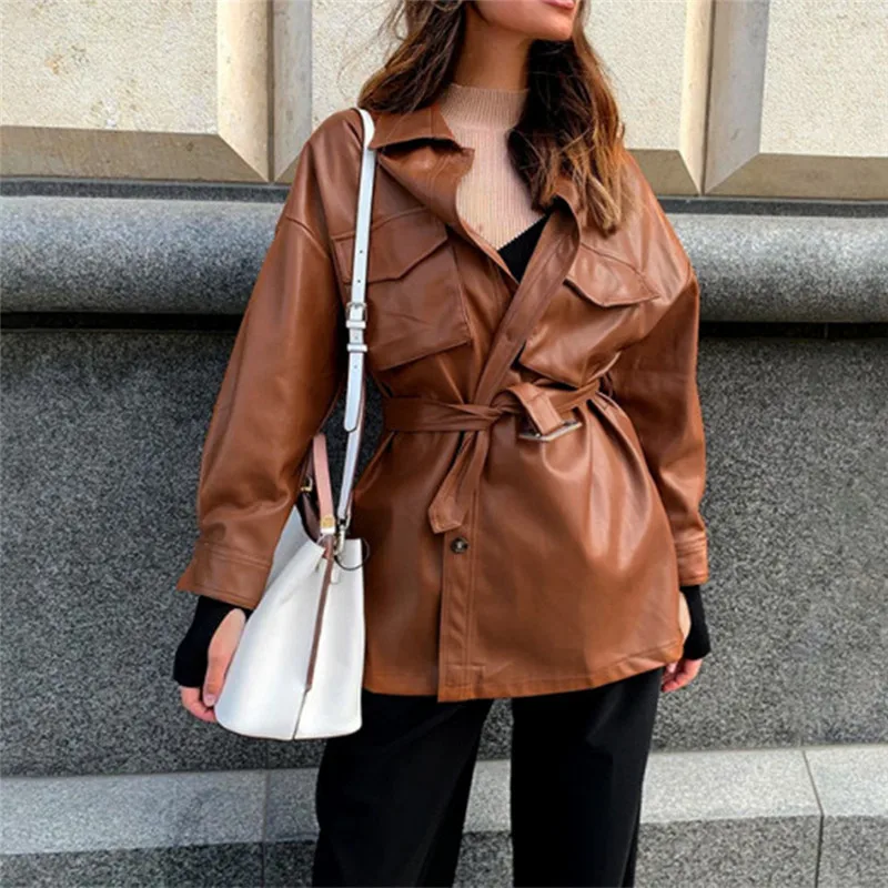 

2020 Women's Pu Leather Jacket Long Sleeve Lapel Single Breasted Pockets Decoration High Waist Lace Female Long Coat Ins Style